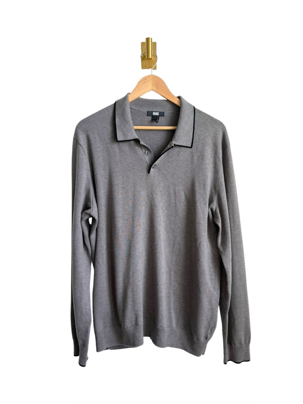 PAIGE Mens Knit Sweater Polo Gray Black Contrast Collar Pullover Size Large